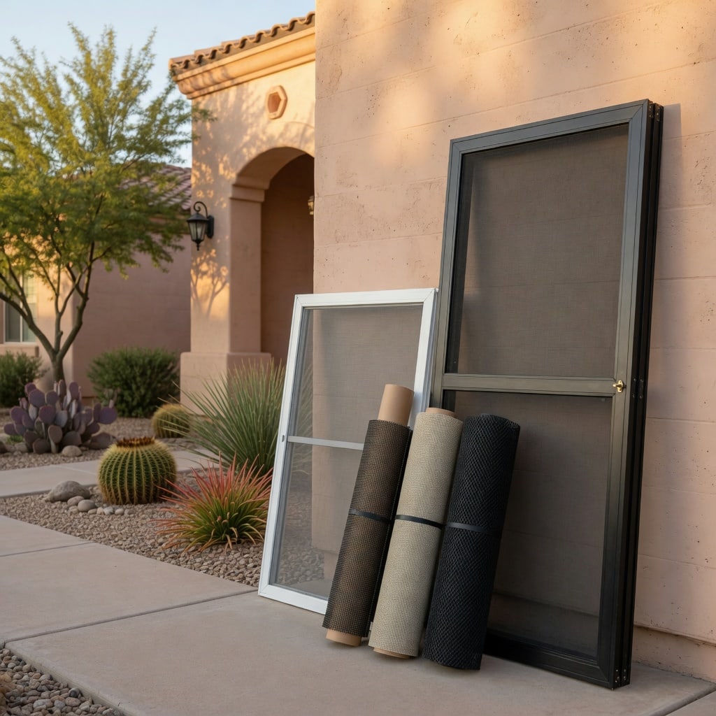 Clean screen frames and material samples outside an Arizona home