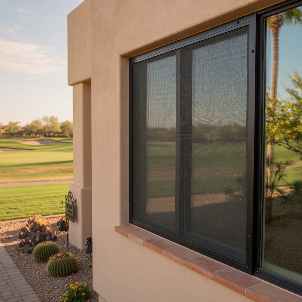 Golf-course-side Arizona home window with protective screen mesh