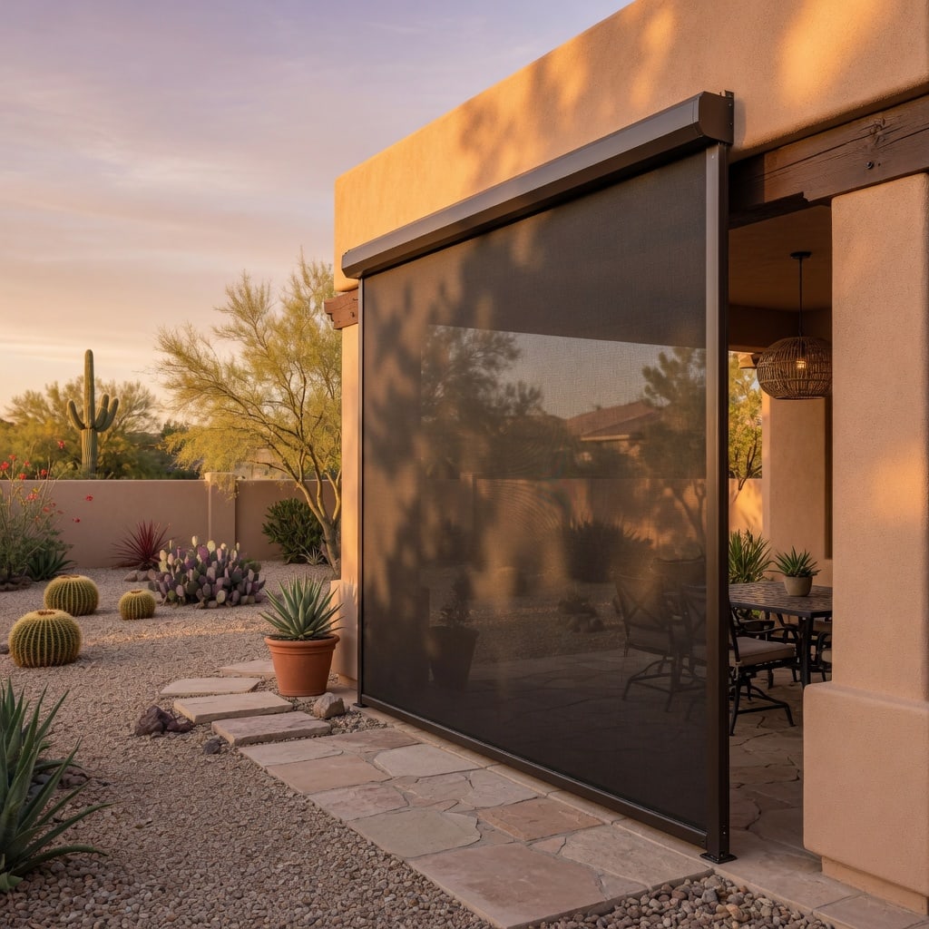 Covered Arizona patio with roll-down shade screens