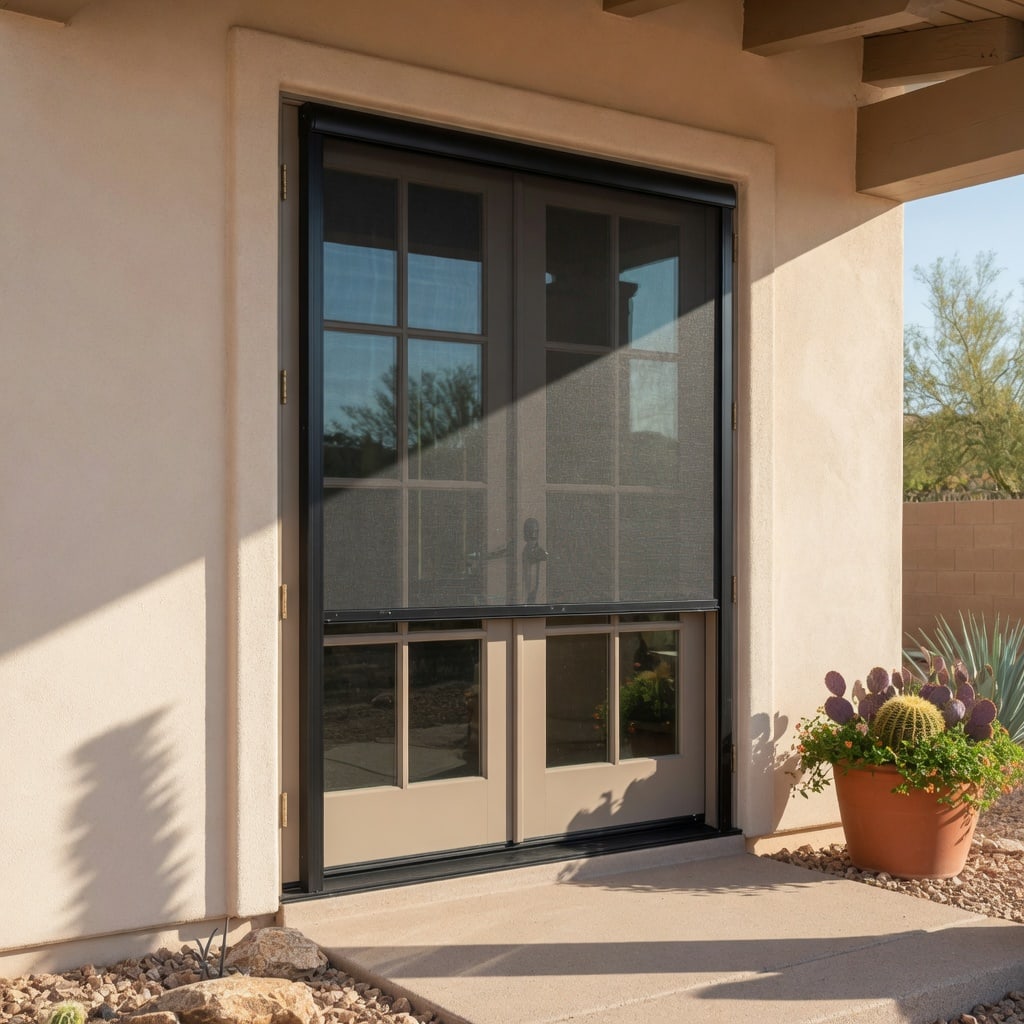 Retractable screen system on an Arizona French door entry