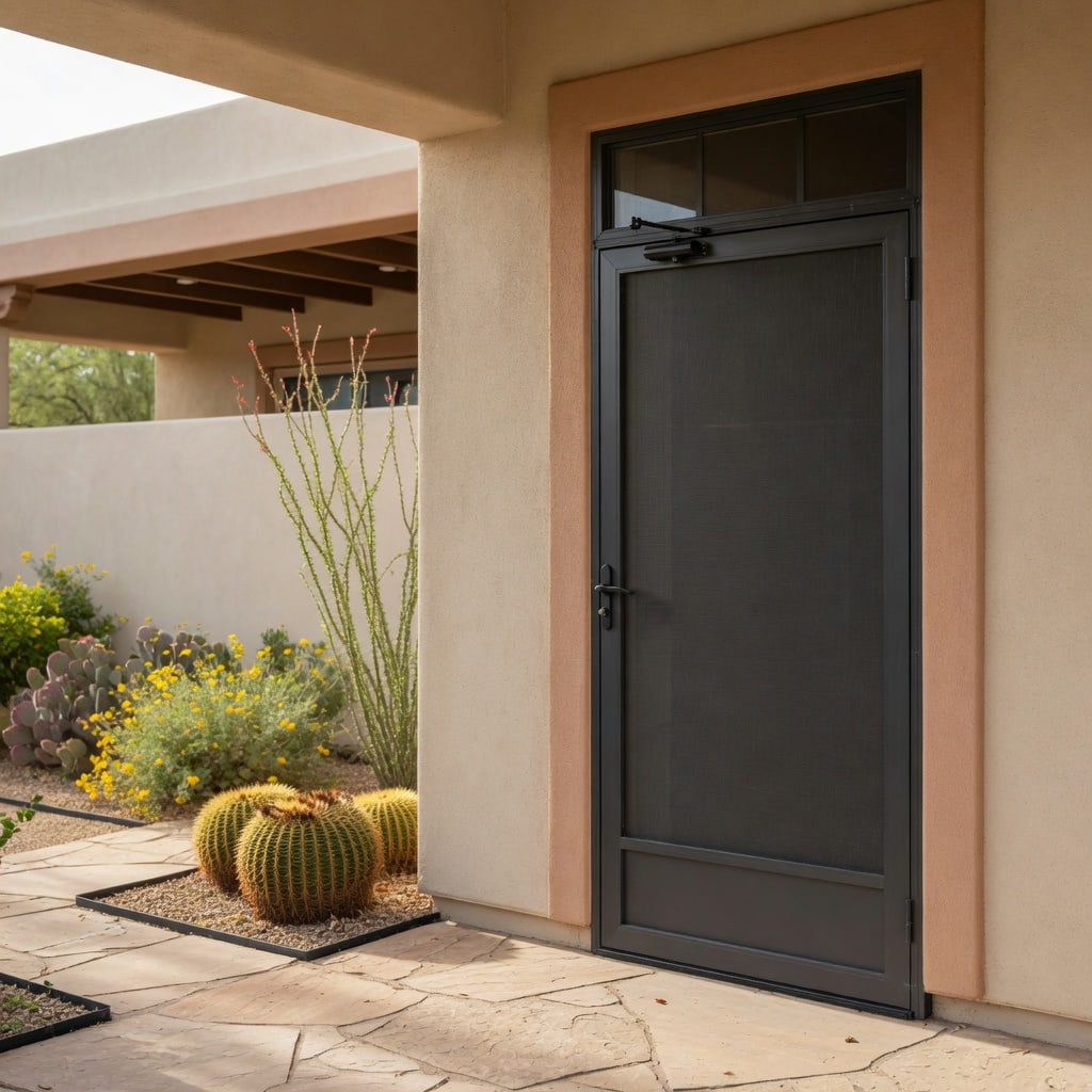 Installed patio screen door on an Arizona stucco home