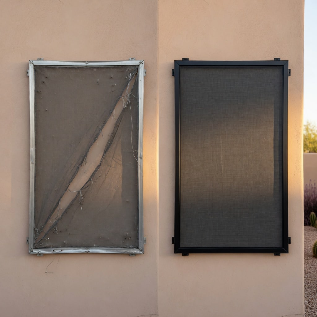 Damaged screen next to a clean repaired window screen