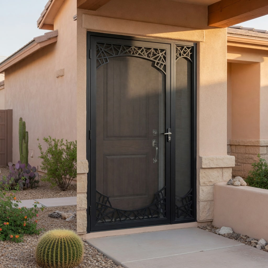 Decorative security screen door on an Arizona home entry