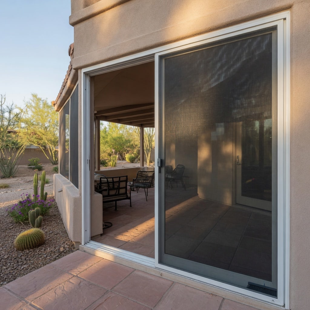 Sliding patio screen door on a shaded Arizona backyard patio