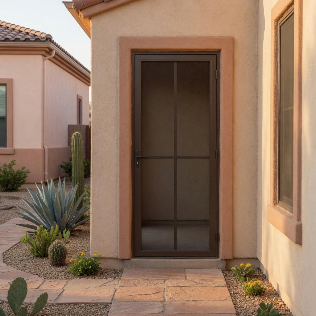 Swinging screen door installed on an Arizona side entry