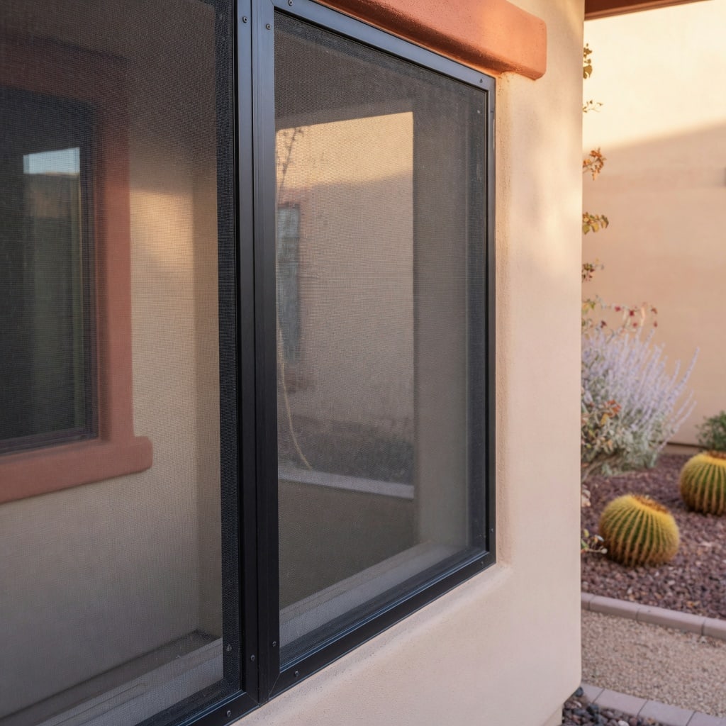 Clean window screen mesh and frame detail on an Arizona home